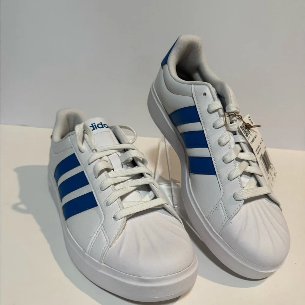 adidas White Sneakers with Blue Three-Stripes - NWT